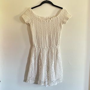 Hollister Off The Shoulder Cream White Floral Lace Smocked Texture Shorts Romper